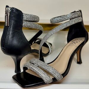 Vince Camuto Rhinestone Strappy Heels Black Size 6.5 Crystal Glam 💎